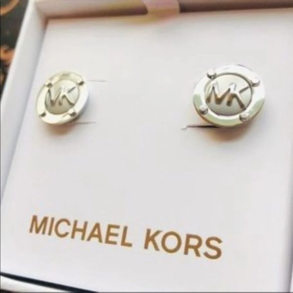 Michael Kors Silver Tone MK Logo Stud Earrings Round Disc Designer NWT Boxed